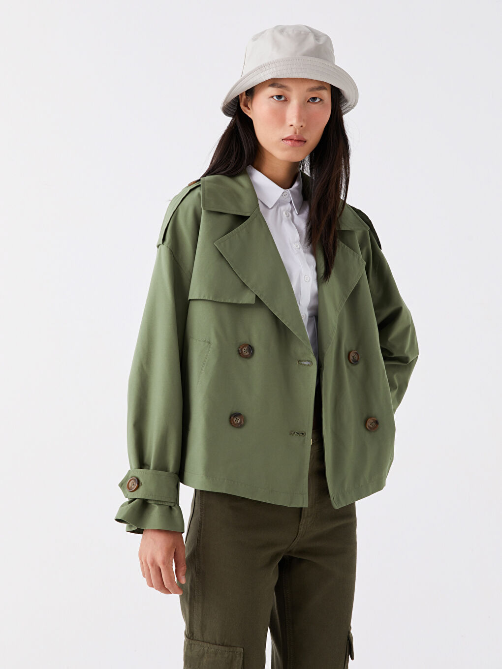Haki Ceket Yaka Düz Uzun Kollu Kadın Trençkot-2