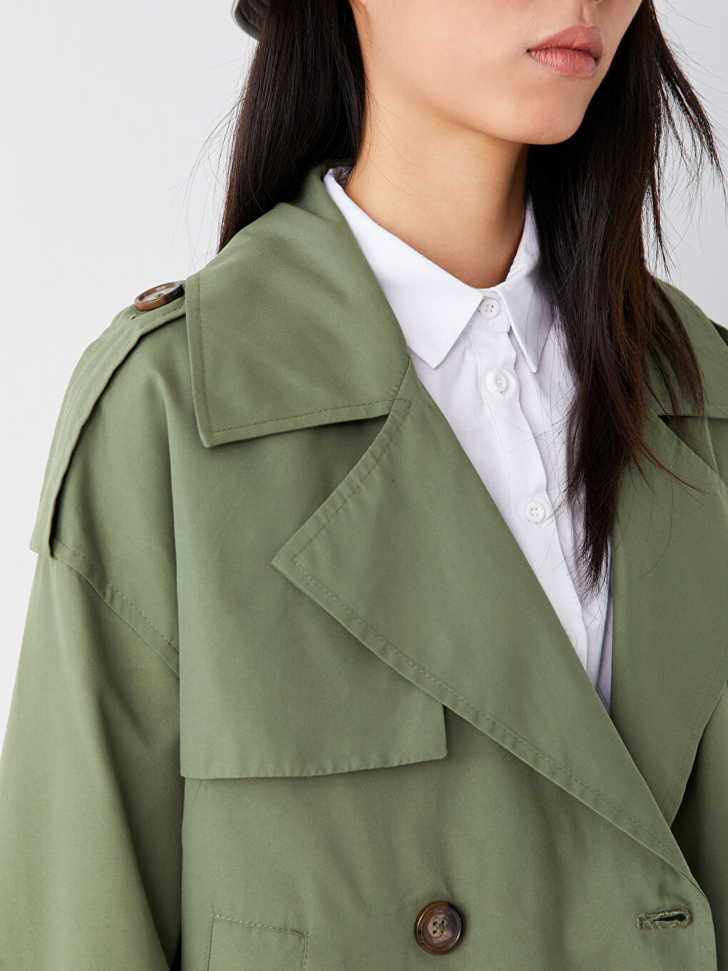 Haki Ceket Yaka Düz Uzun Kollu Kadın Trençkot-3