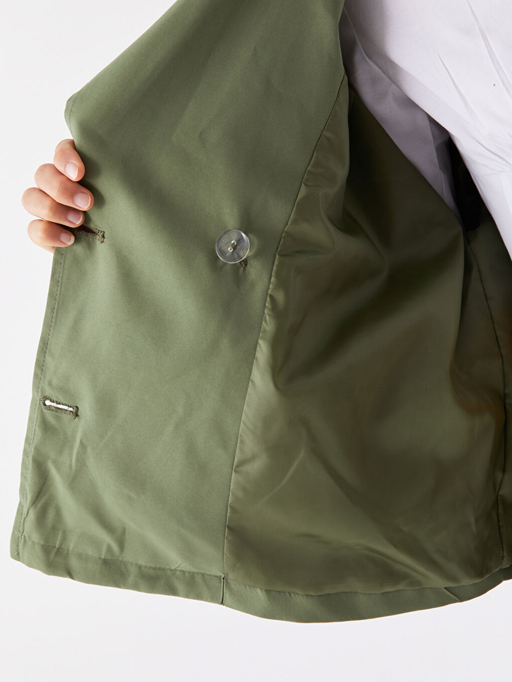 Haki Ceket Yaka Düz Uzun Kollu Kadın Trençkot-4