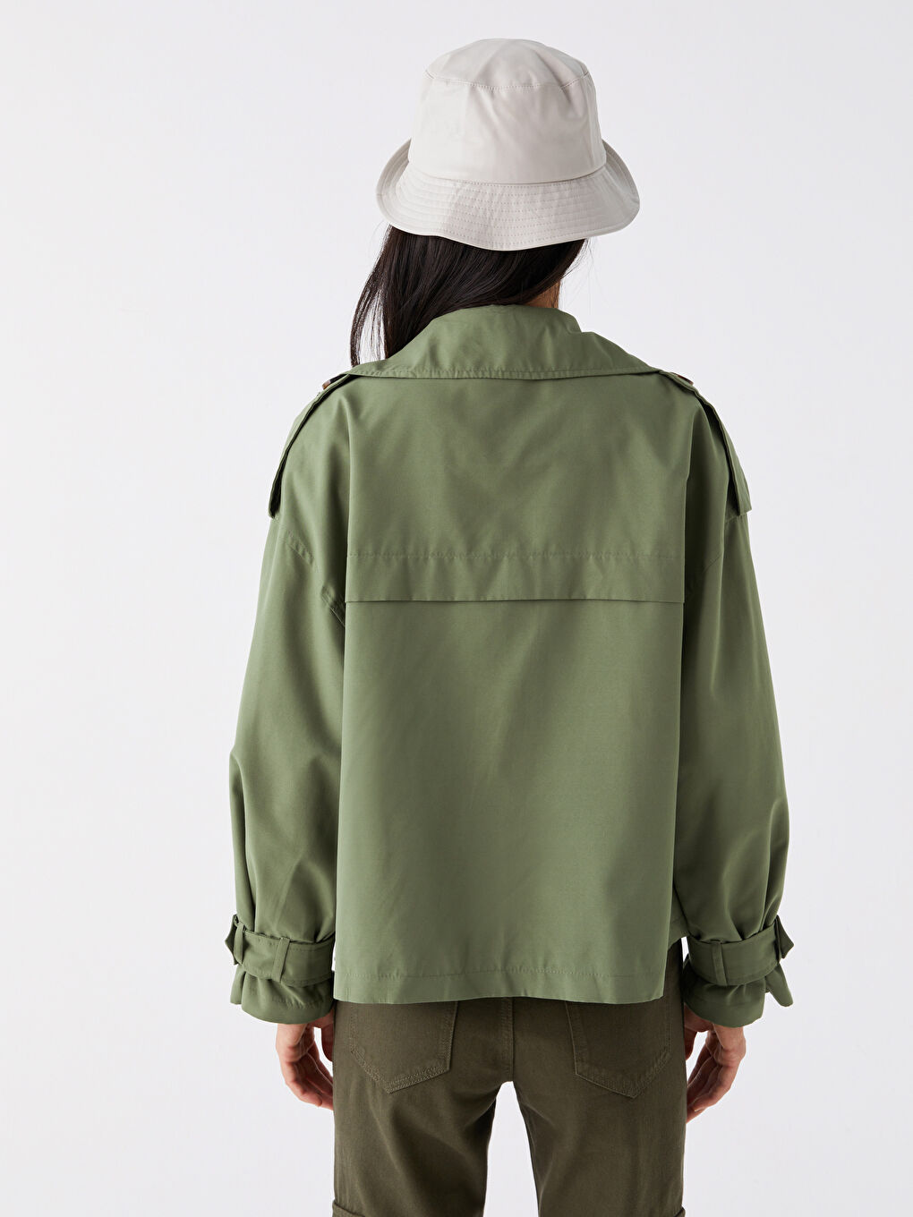 Haki Ceket Yaka Düz Uzun Kollu Kadın Trençkot-5