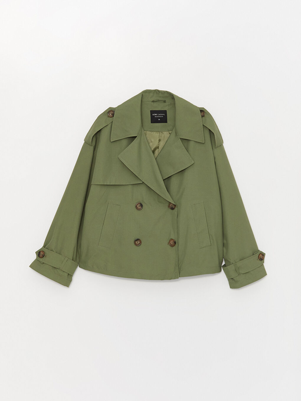 Haki Ceket Yaka Düz Uzun Kollu Kadın Trençkot-6
