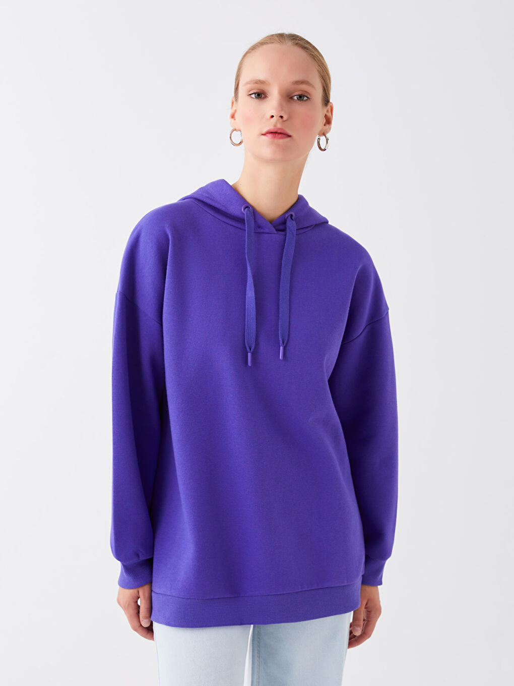 LCW Modest Mor Kapüşonlu Düz Uzun Kollu Kadın Sweatshirt Tunik - 1