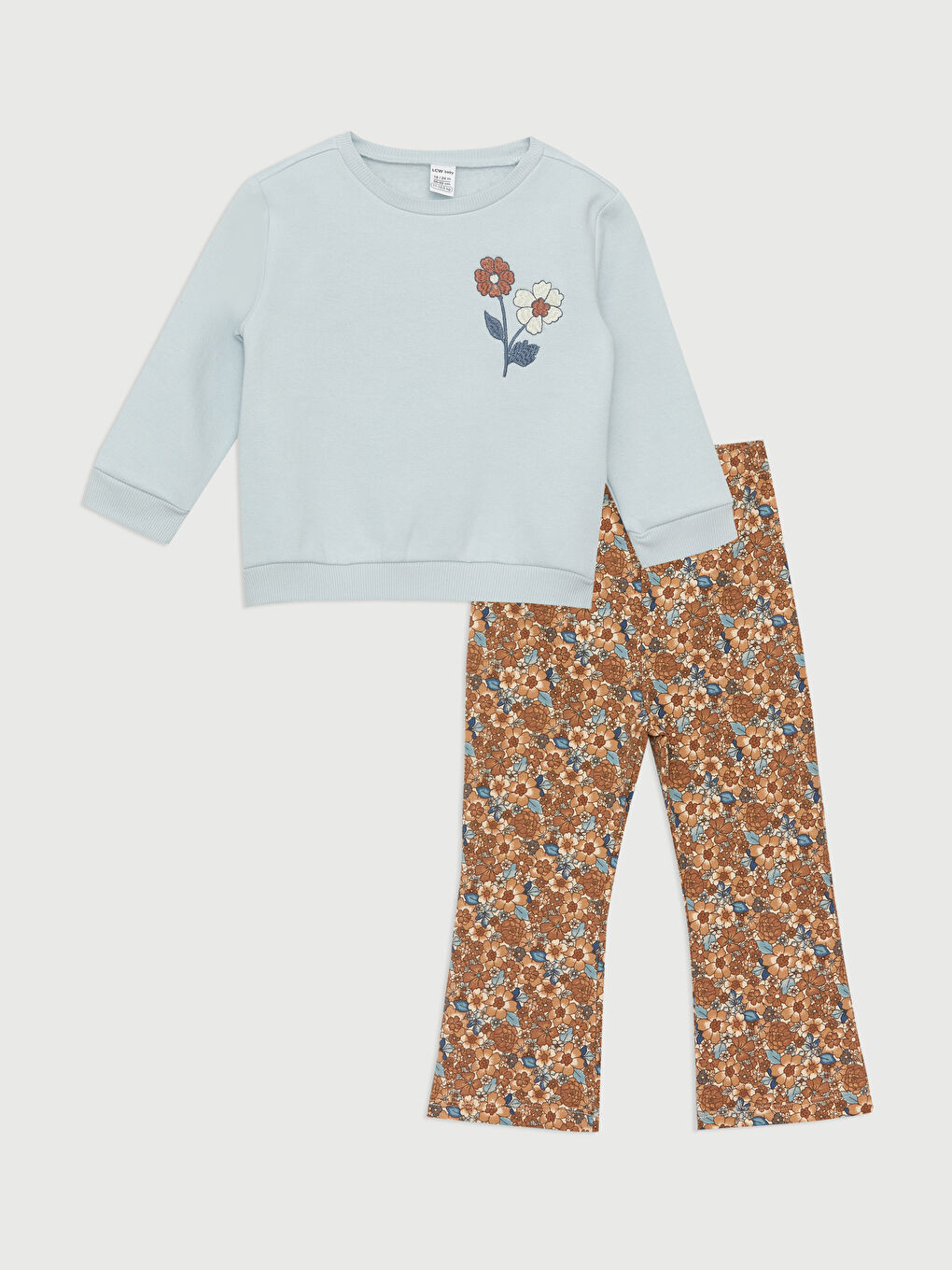 بلوزة بياقة دائرية وكم طويل للبنات الرضع مع بنطلون ضيق - طقم من قطعتين