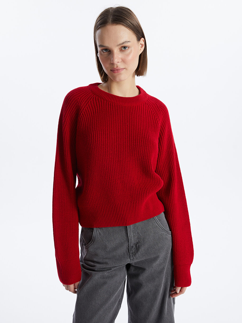 سترة تريكو بياقة دائرية بنقشة ذاتية وكم طويل للسيدات-1