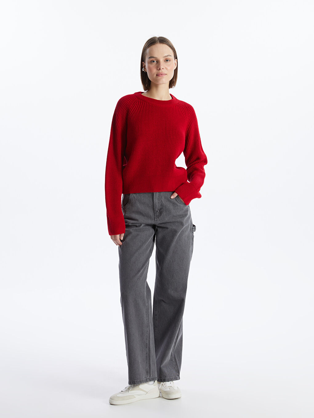 سترة تريكو بياقة دائرية بنقشة ذاتية وكم طويل للسيدات-2