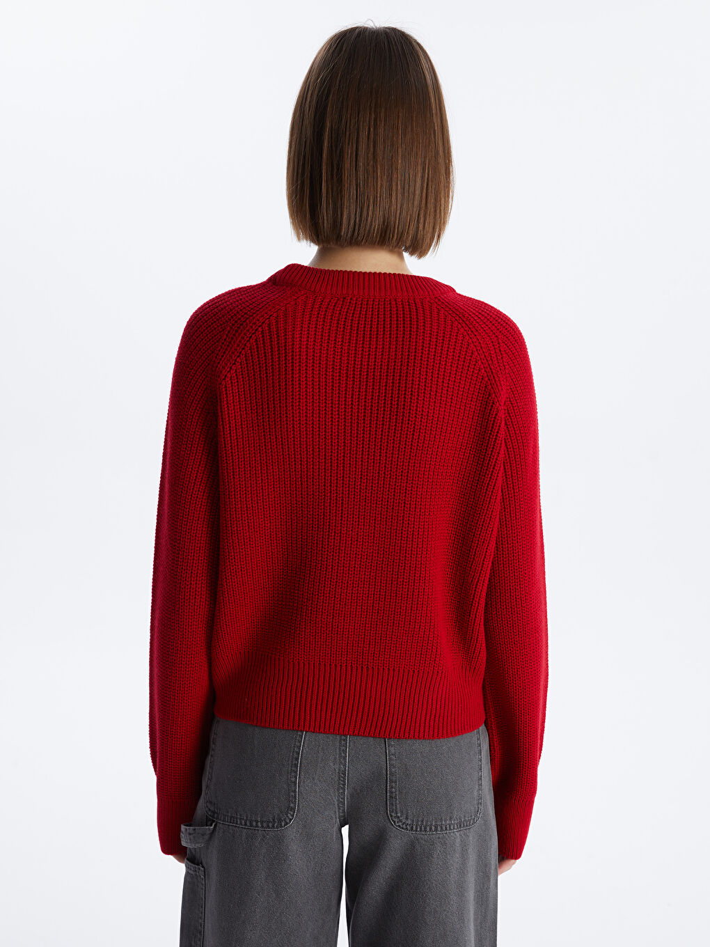 سترة تريكو بياقة دائرية بنقشة ذاتية وكم طويل للسيدات-4