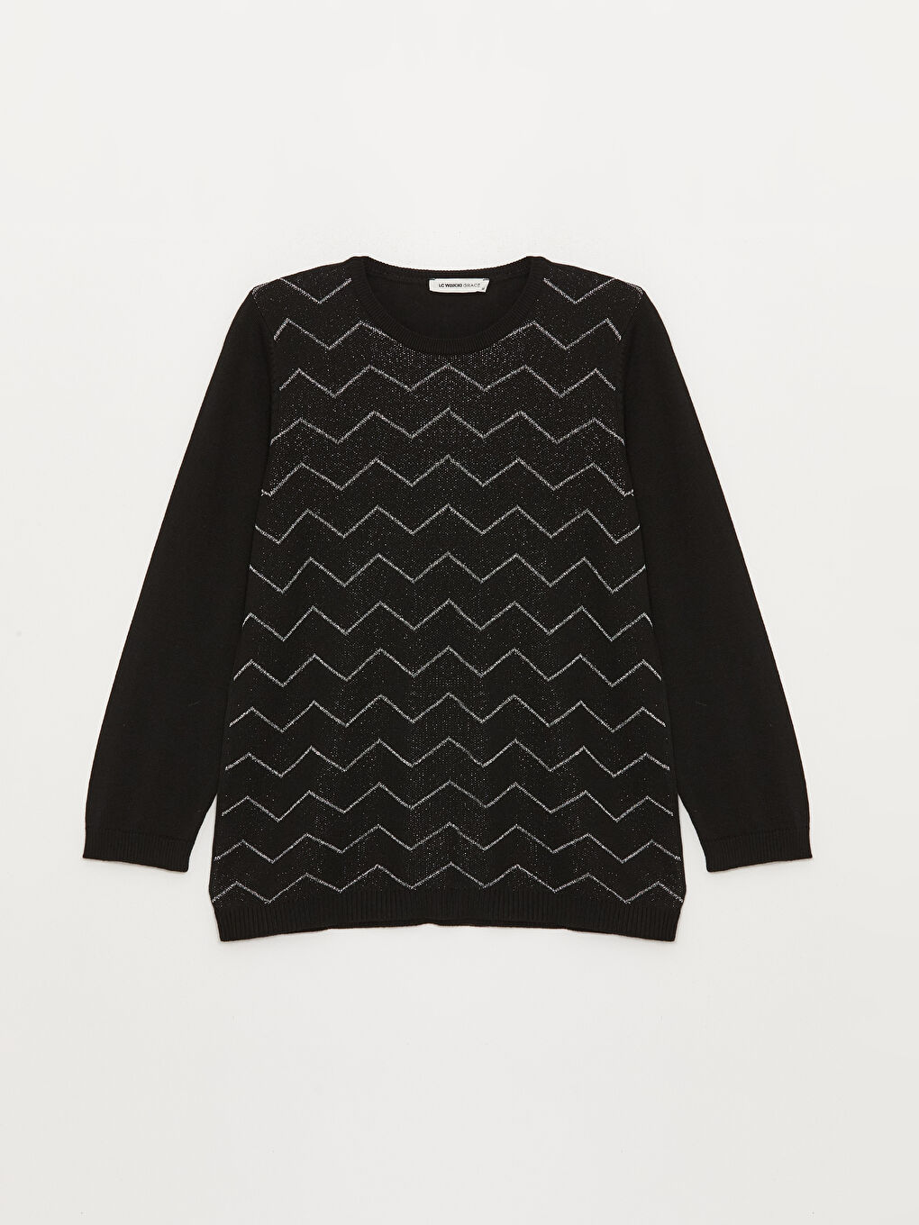 Siyah Bisiklet Yaka Kendinden Desenli Uzun Kollu Kadın Triko Kazak-5