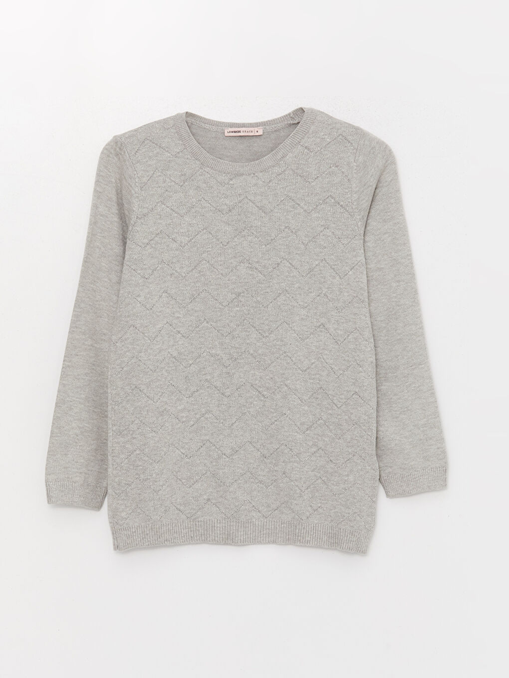 Gri Bisiklet Yaka Kendinden Desenli Uzun Kollu Kadın Triko Kazak-5