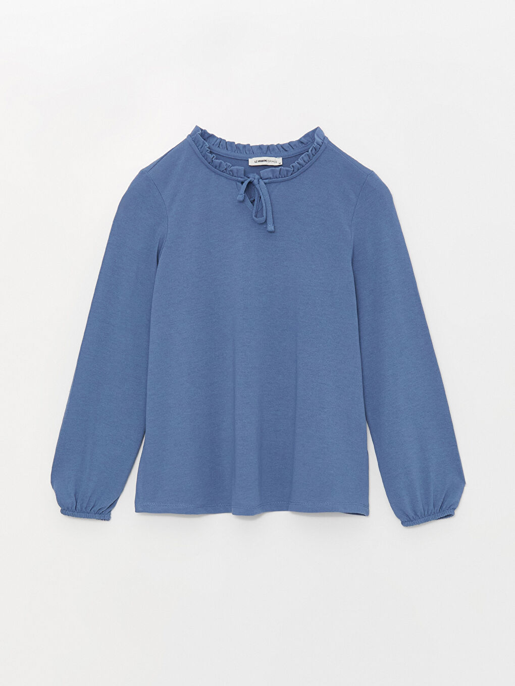 Mavi Bağlamalı Yaka Düz Uzun Kollu Kadın Bluz-5