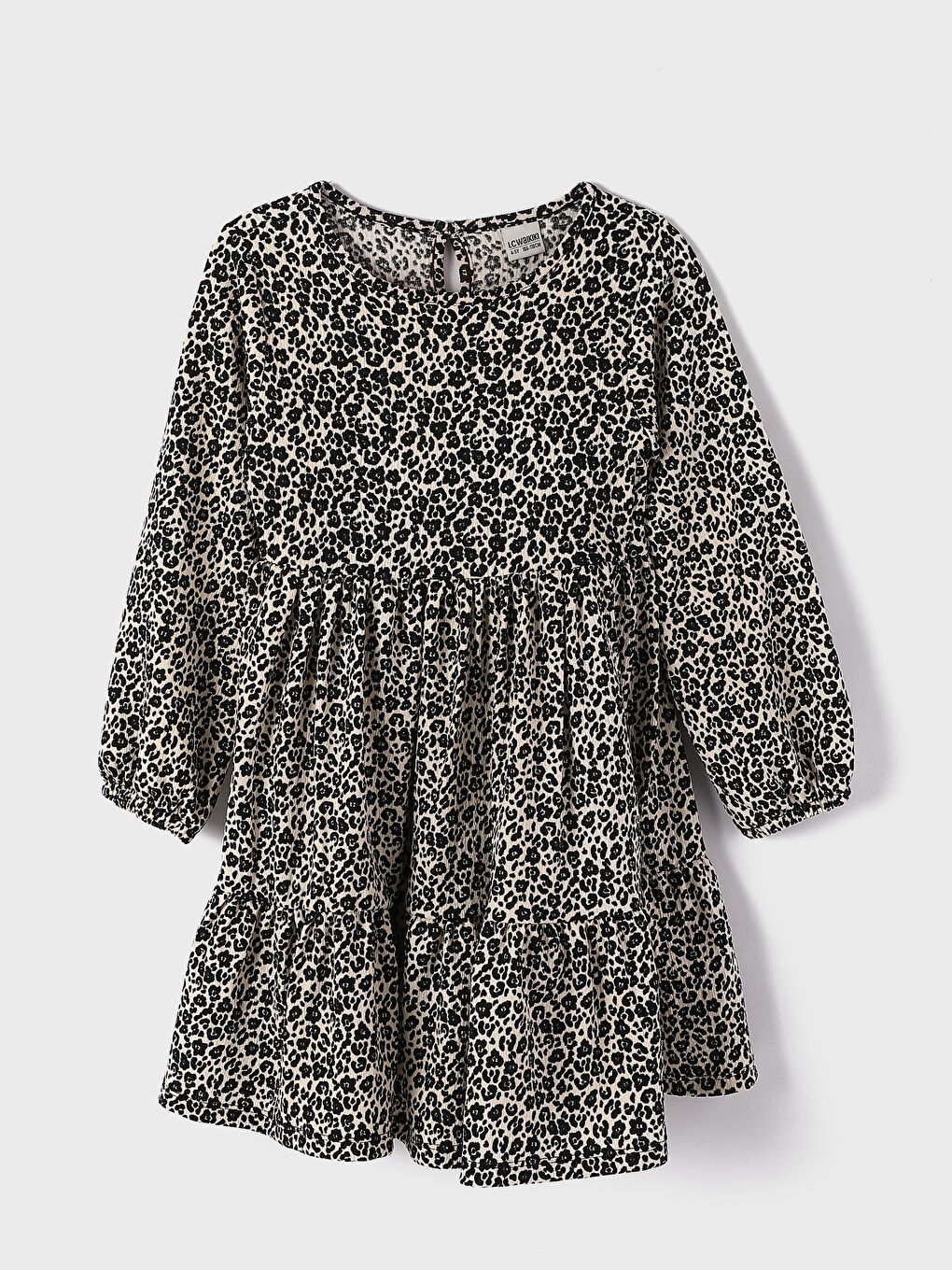 فستان للبنات بياقة دائرية منقوش كم طويل