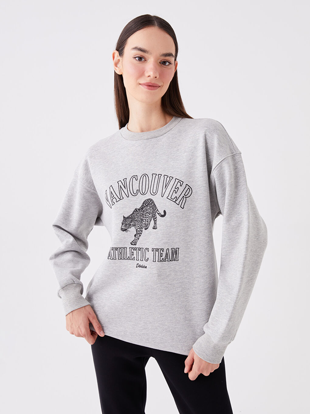 LCW Vision Gri Melanj Bisiklet Yaka Baskılı Kadın Kalın Sweatshirt - 1