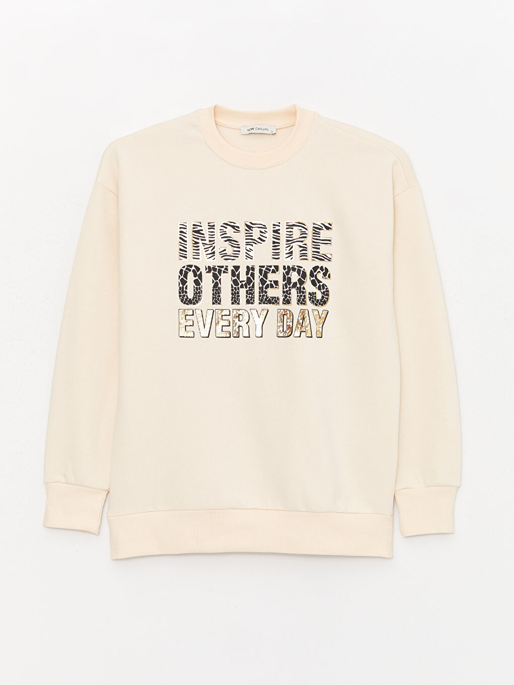 Bej Bisiklet Yaka Baskılı Kadın Kalın Sweatshirt-5