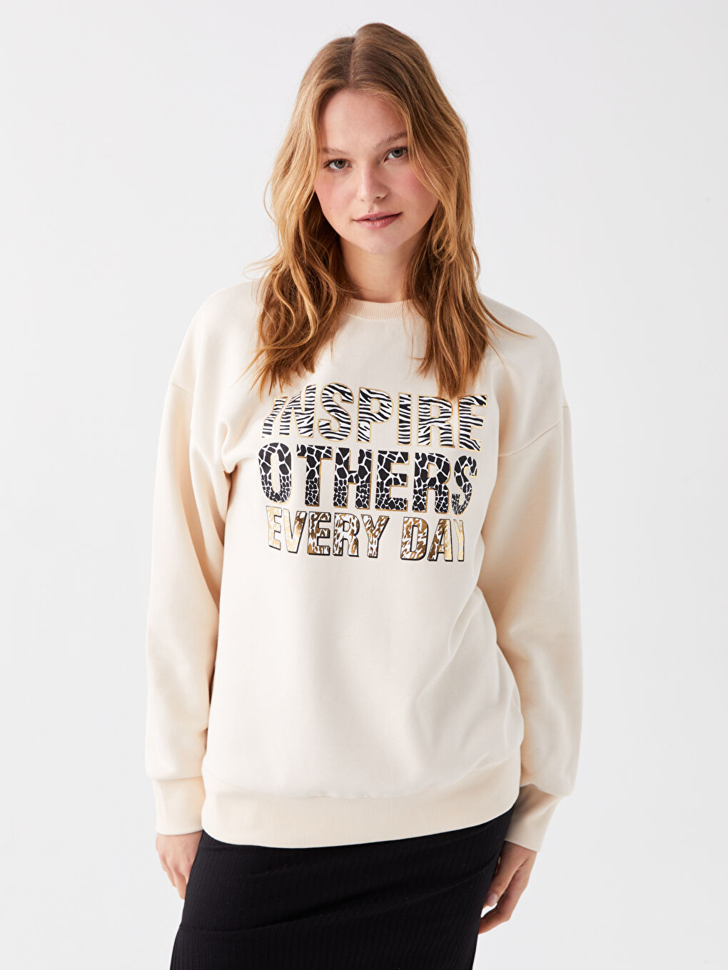 Bej Bisiklet Yaka Baskılı Kadın Kalın Sweatshirt-2