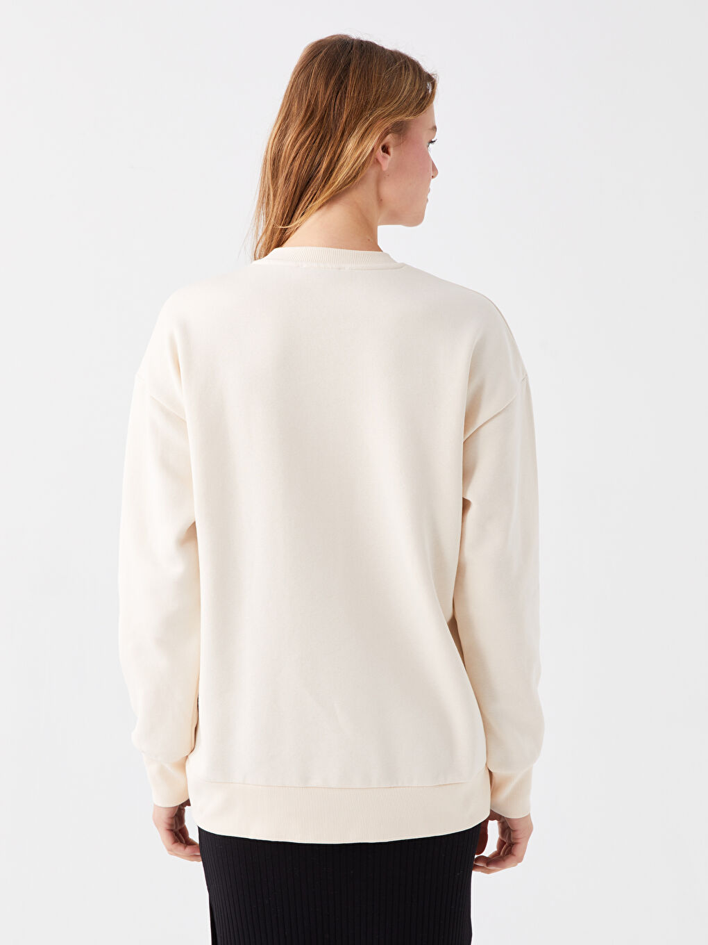 Bej Bisiklet Yaka Baskılı Kadın Kalın Sweatshirt-4