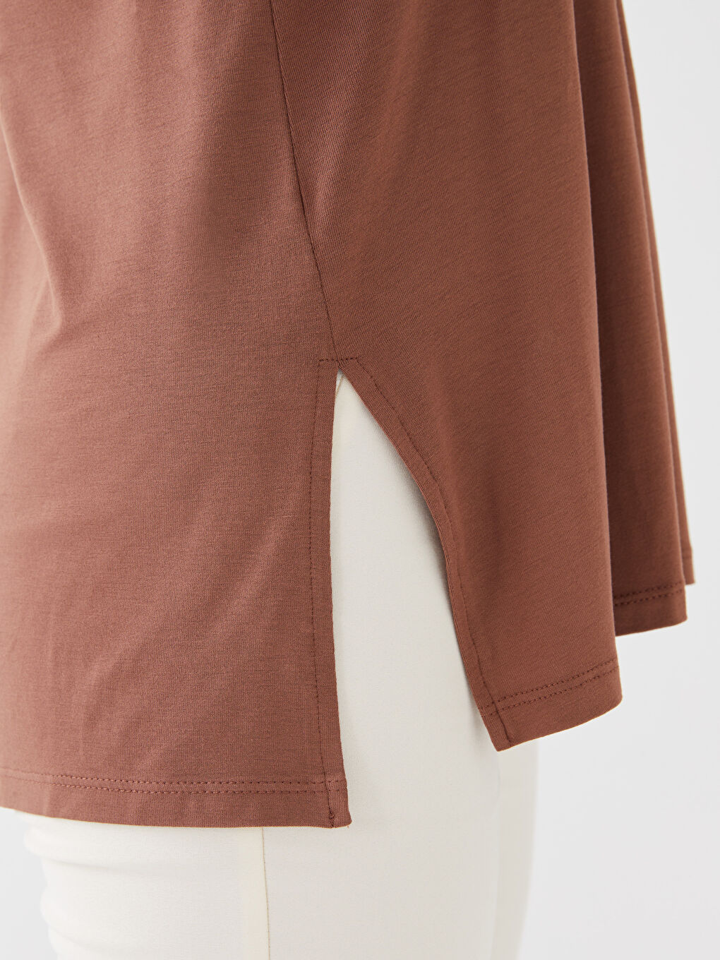 Kahverengi V Yaka Düz Uzun Kollu Kadın Bluz-3