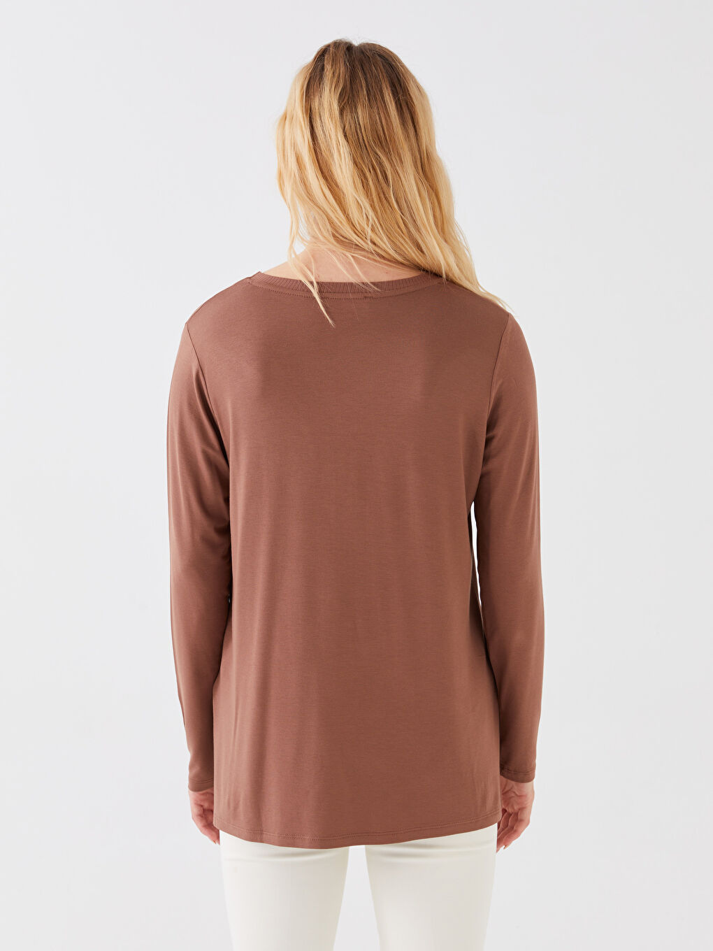 Kahverengi V Yaka Düz Uzun Kollu Kadın Bluz-4