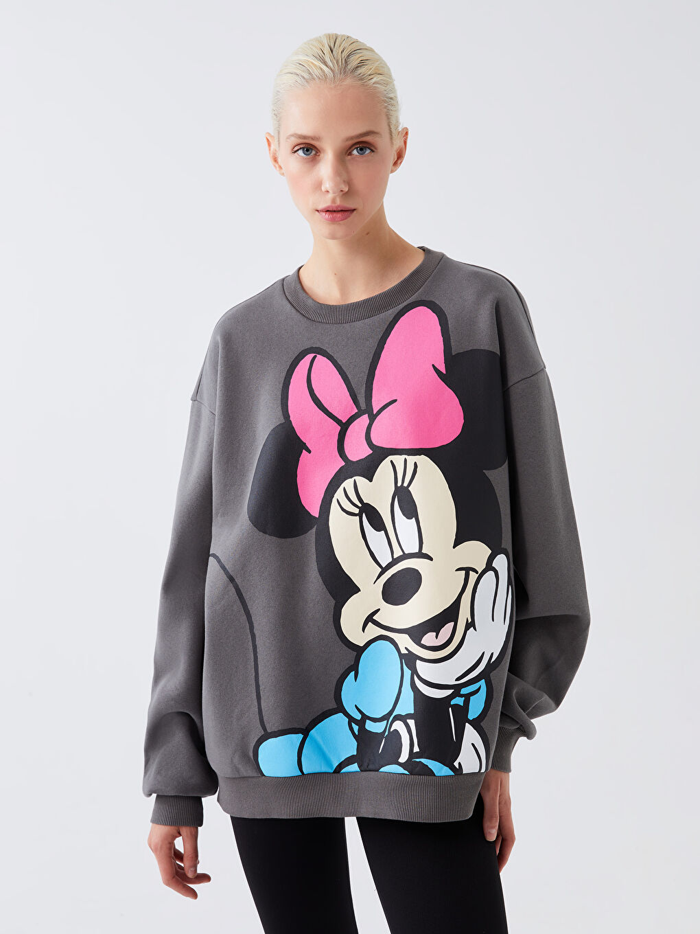 XSIDE Antrasit Bisiklet Yaka Minnie Mouse Baskılı Oversize Kadın Kalın Sweatshirt