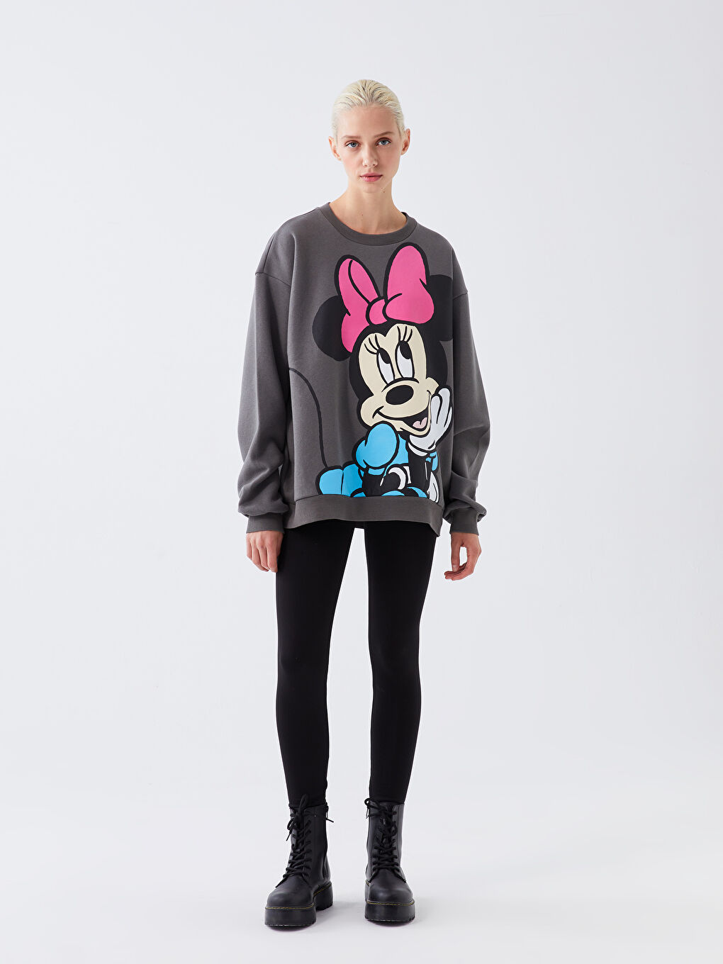 XSIDE Antrasit Bisiklet Yaka Minnie Mouse Baskılı Oversize Kadın Kalın Sweatshirt - 2