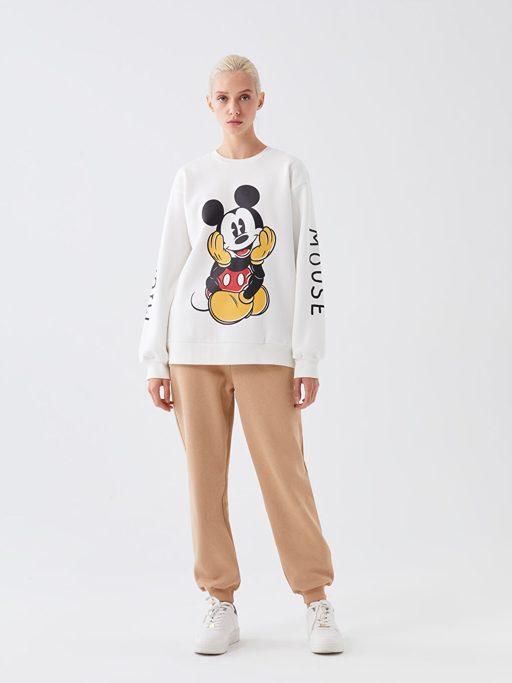 XSIDE Ekru Bisiklet Yaka Mickey Mouse Baskılı Oversize Kadın Kalın Sweatshirt - 2