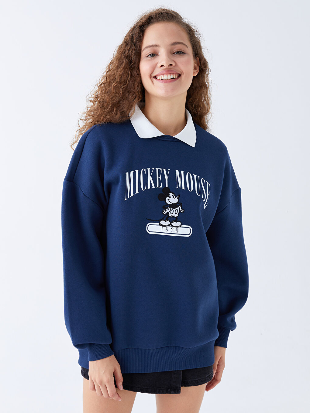 XSIDE Lacivert Gömlek Yaka Mickey Mouse Baskılı Oversize Kadın Kalın Sweatshirt