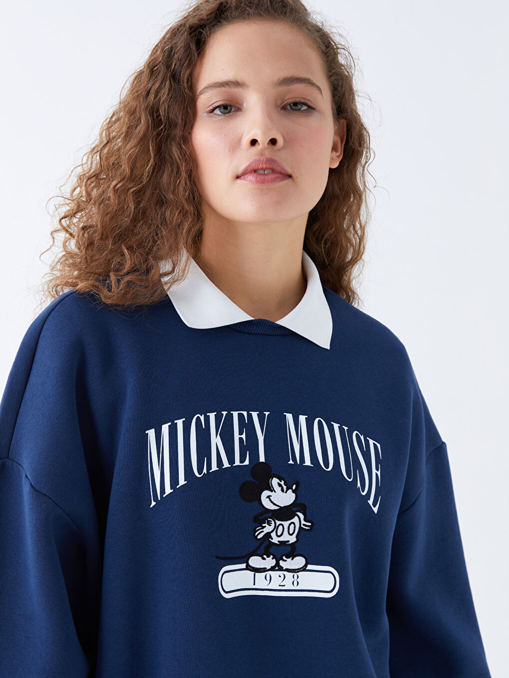 XSIDE Lacivert Gömlek Yaka Mickey Mouse Baskılı Oversize Kadın Kalın Sweatshirt - 1