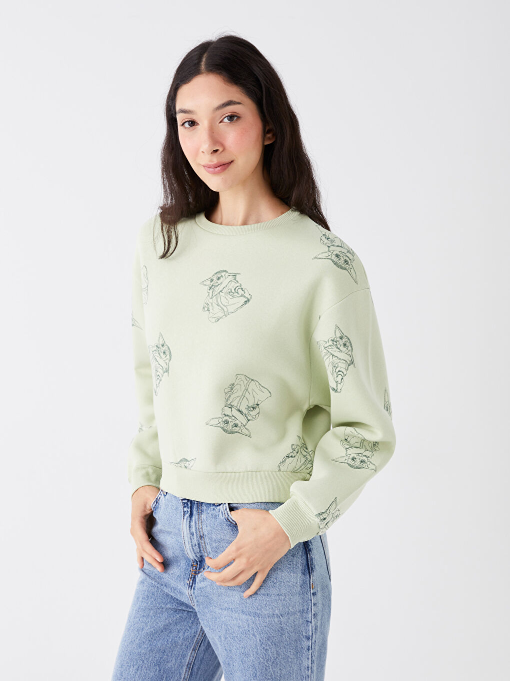 XSIDE Açık Yeşil Bisiklet Yaka Yoda Baskılı Uzun Kollu Kadın Sweatshirt - 2