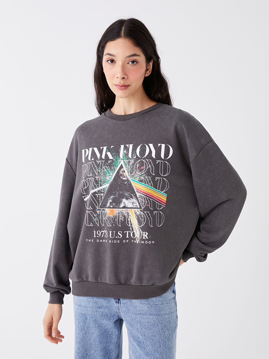 XSIDE Antrasit Bisiklet Yaka Pink Floyd Baskılı Oversize Kadın Kalın Sweatshirt