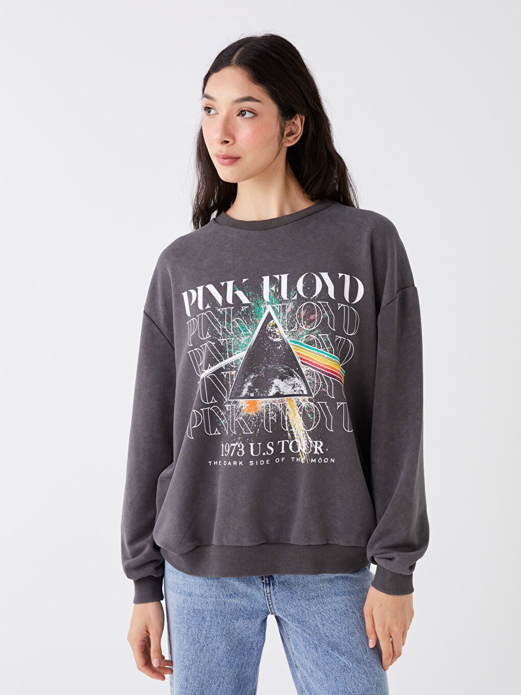 XSIDE Antrasit Bisiklet Yaka Pink Floyd Baskılı Oversize Kadın Kalın Sweatshirt - 1