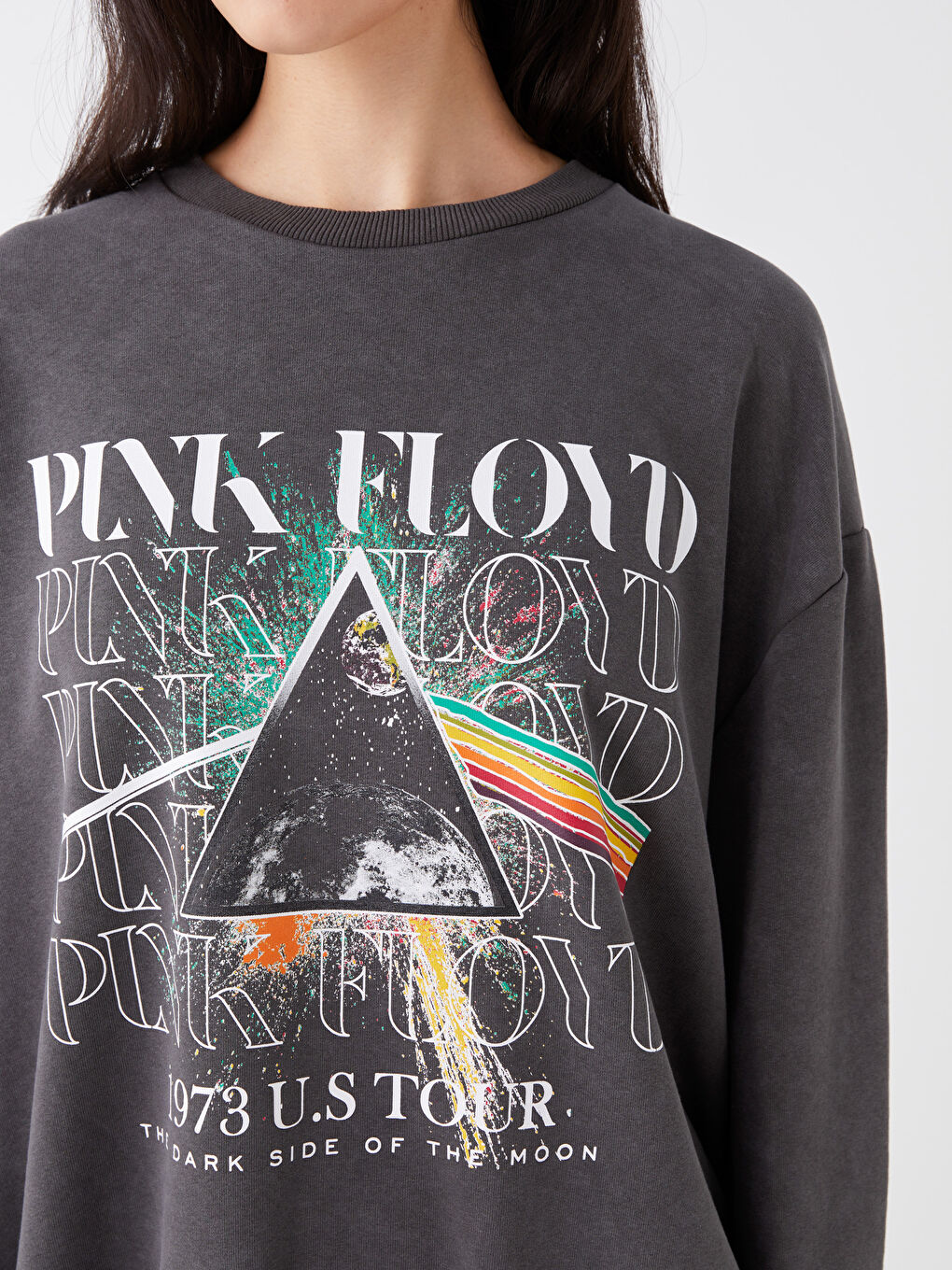 XSIDE Antrasit Bisiklet Yaka Pink Floyd Baskılı Oversize Kadın Kalın Sweatshirt - 3