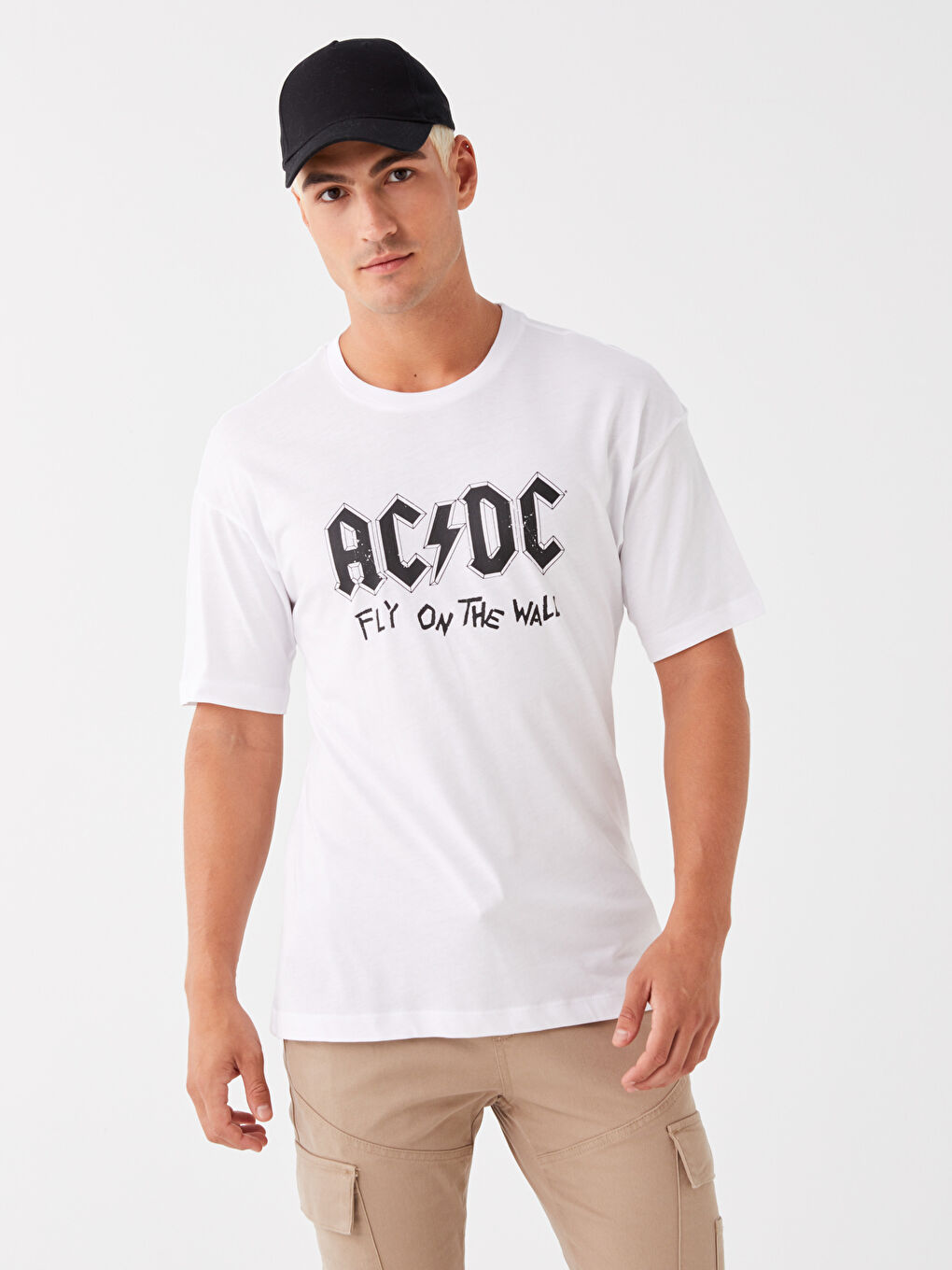 XSIDE Beyaz Oversize Bisiklet Yaka Kısa Kollu AC/DC Baskılı Penye Erkek Tişört - 2