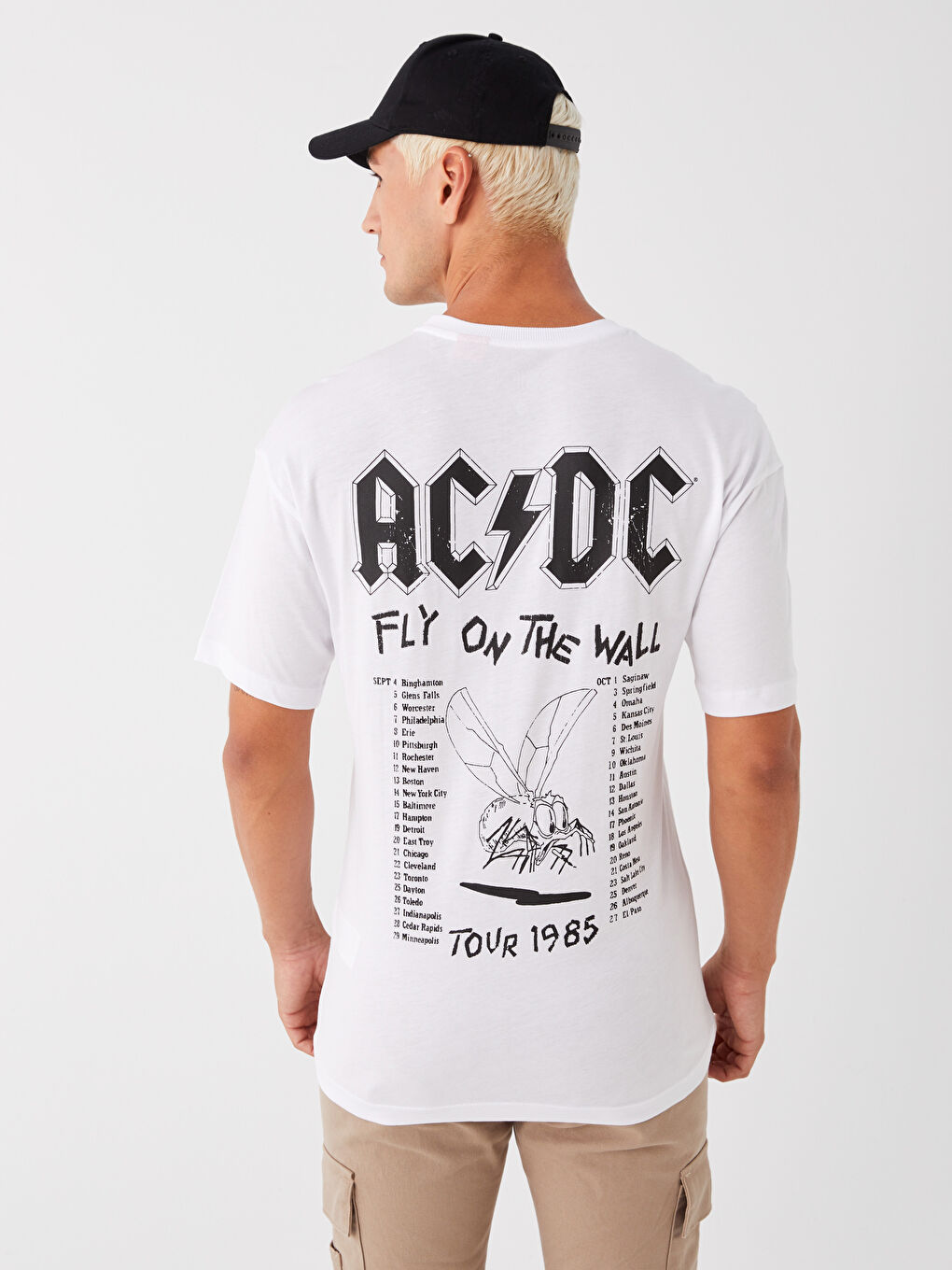 XSIDE Beyaz Oversize Bisiklet Yaka Kısa Kollu AC/DC Baskılı Penye Erkek Tişört - 4