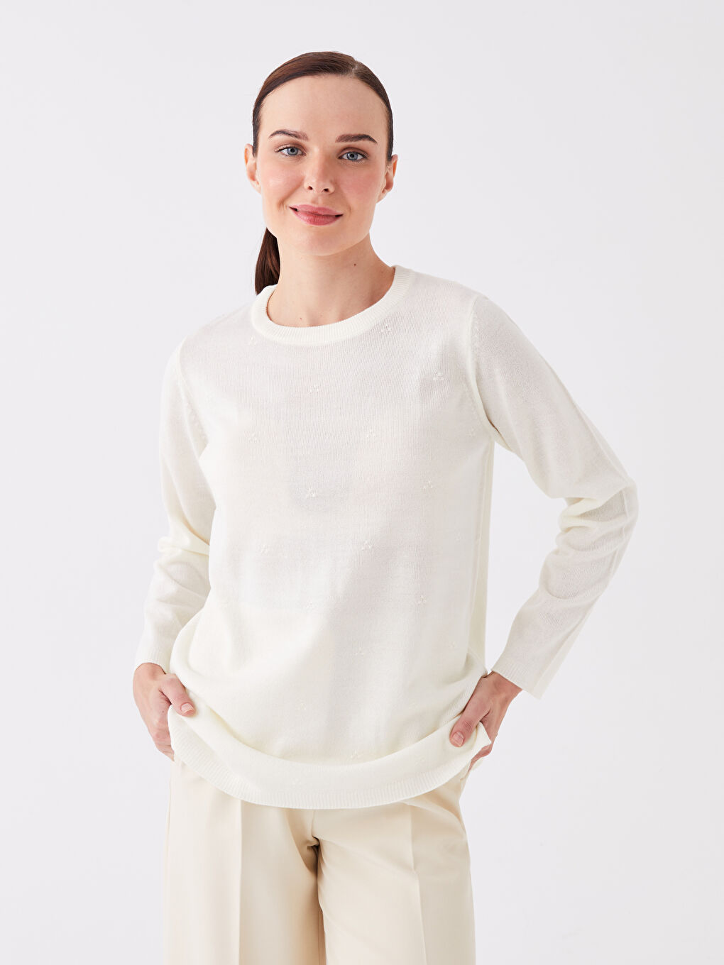 Crew Neck Plain Long Sleeve Women's Knitwear Sweater -W3FA25Z8-DM0