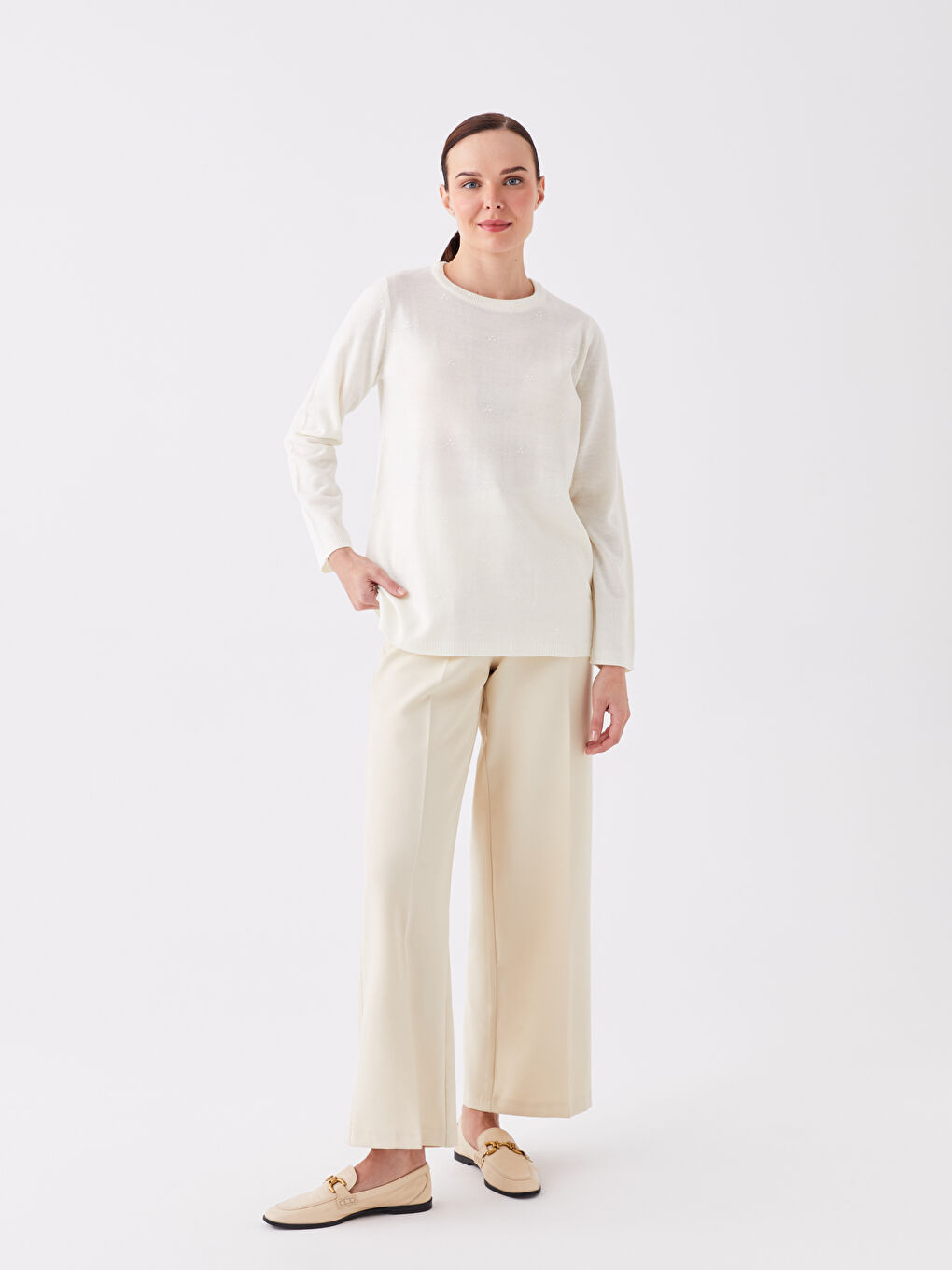 Crew Neck Plain Long Sleeve Women's Knitwear Sweater -W3FA25Z8-DM0