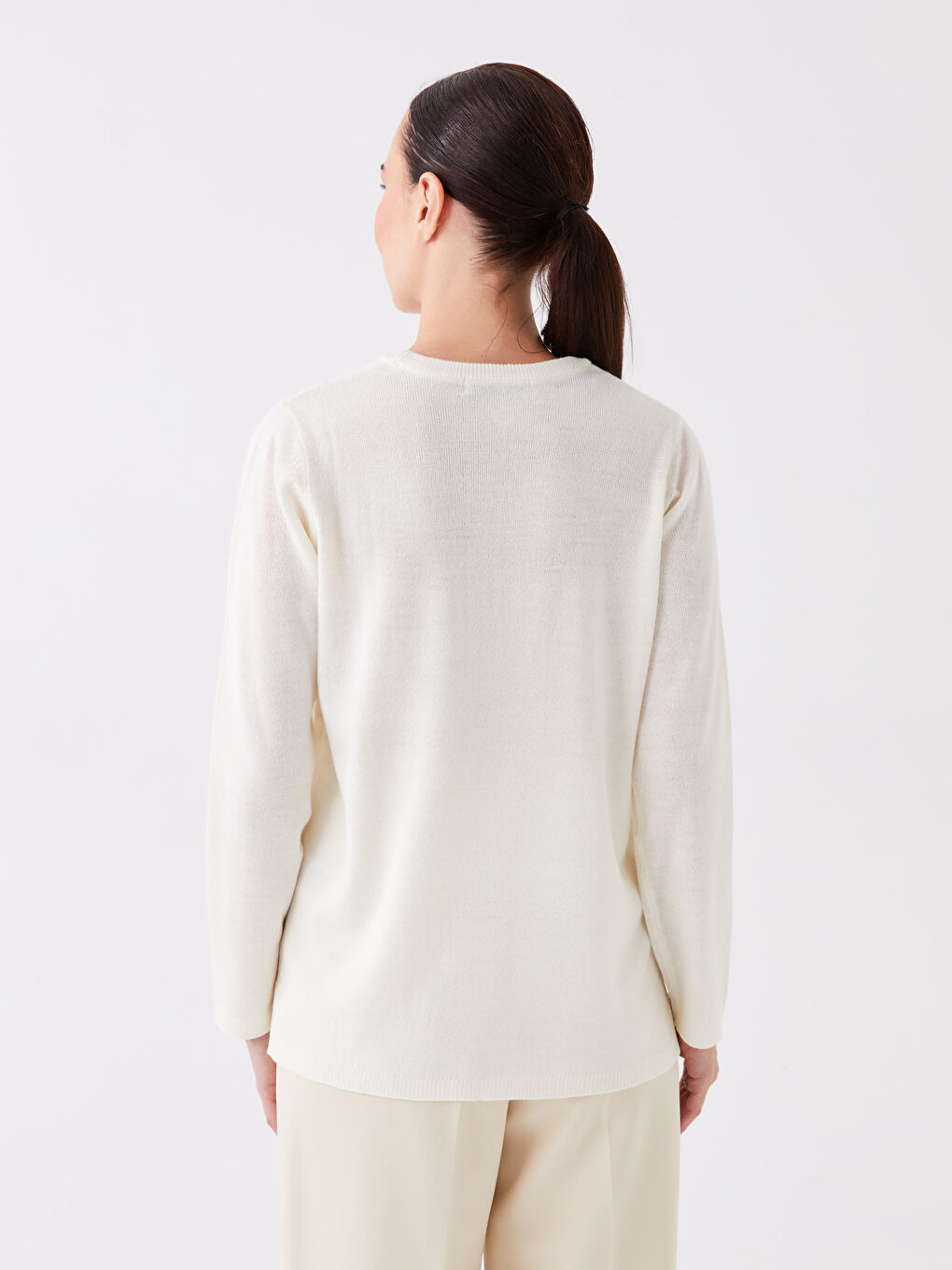 Crew Neck Plain Long Sleeve Women's Knitwear Sweater -W3FA25Z8-DM0