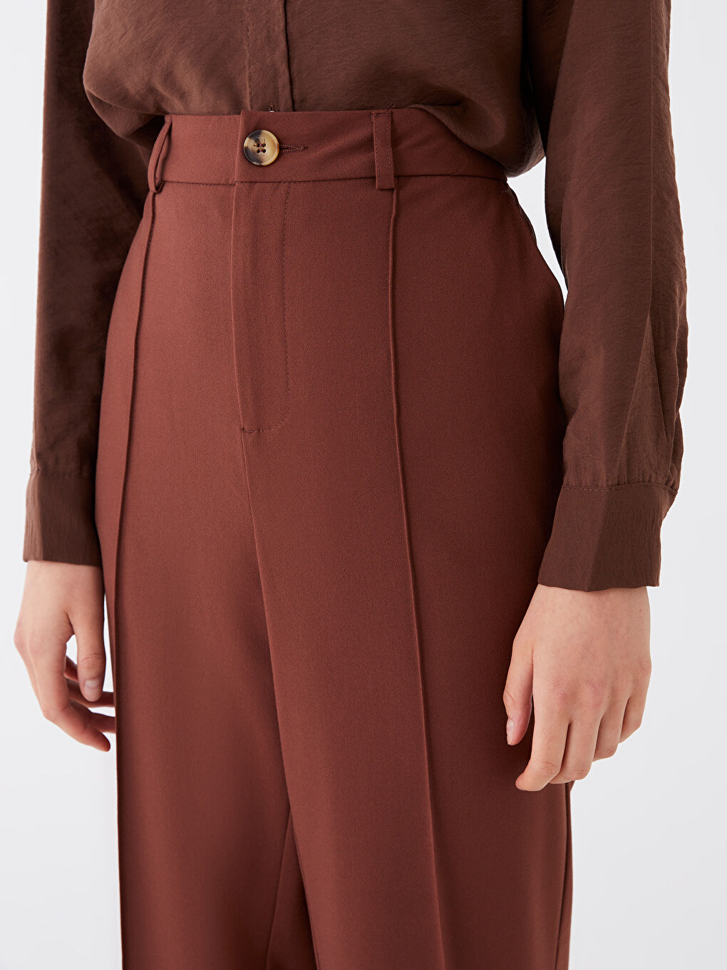 LCW Modest Brown Standart Fit Düz Geniş Paça Kadın Pantolon - 4