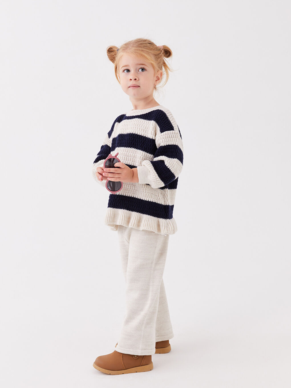 Lacivert Bisiklet Yaka Kız Bebek Triko Kazak ve Pantolon 2'li