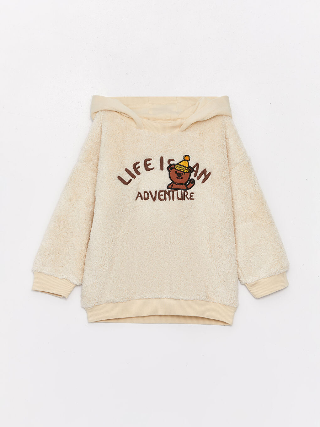 LCW baby Açık Bej Baskılı Uzun Kollu Pelüş Erkek Bebek Hoodie