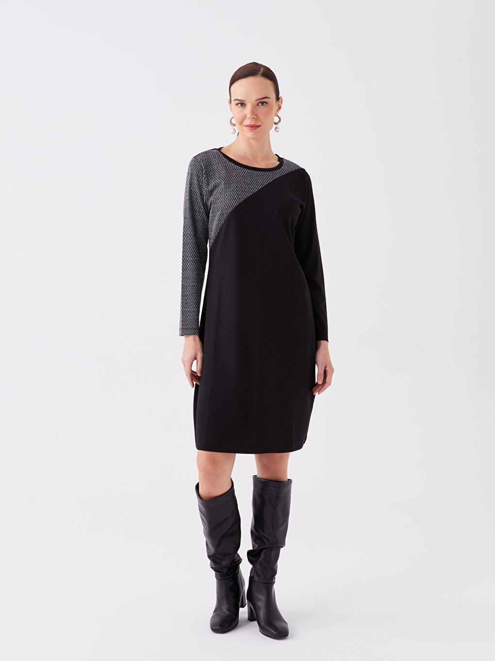 LCW Grace Crew Neck Long Sleeve Women's Dress with Color Block -W3FC59Z8-MKJ