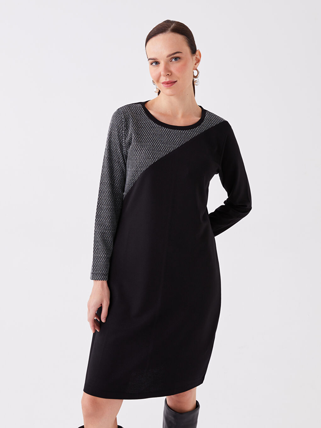 LCW Grace Crew Neck Long Sleeve Women's Dress with Color Block -W3FC59Z8-MKJ