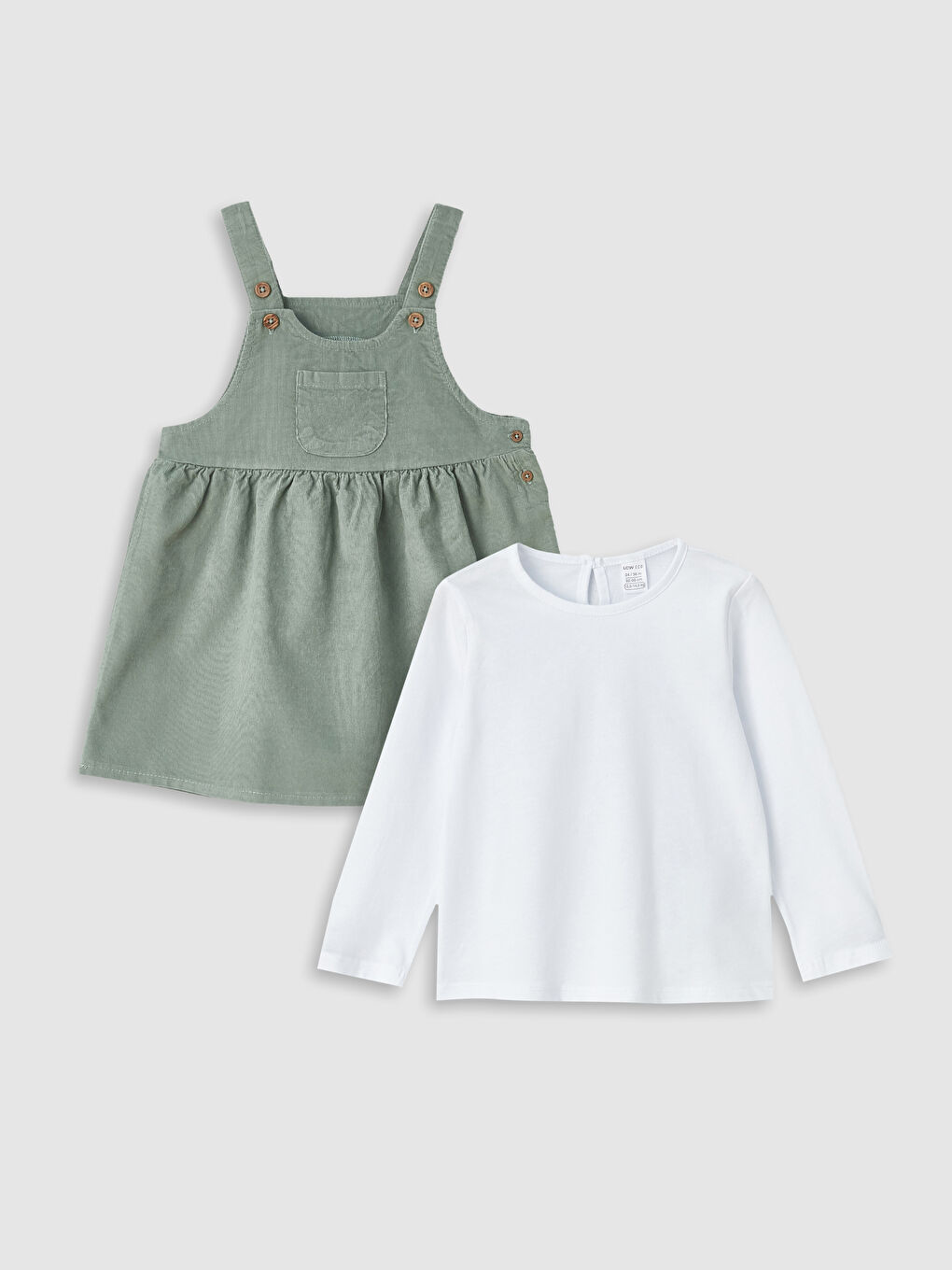 Yeşil Bisiklet Yaka Uzun Kollu Kız Bebek Tişört ve Salopet Elbise 2'li Takım