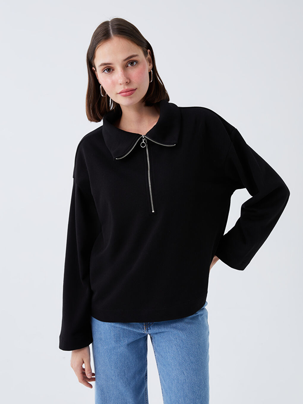 LCW Vision Yeni Siyah Dik Yaka Oversize Kadın Sweatshirt