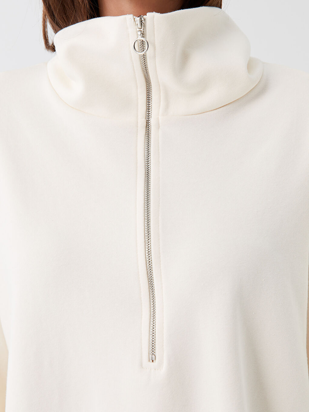 Ekru Dik Yaka Oversize Kadın Sweatshirt-2