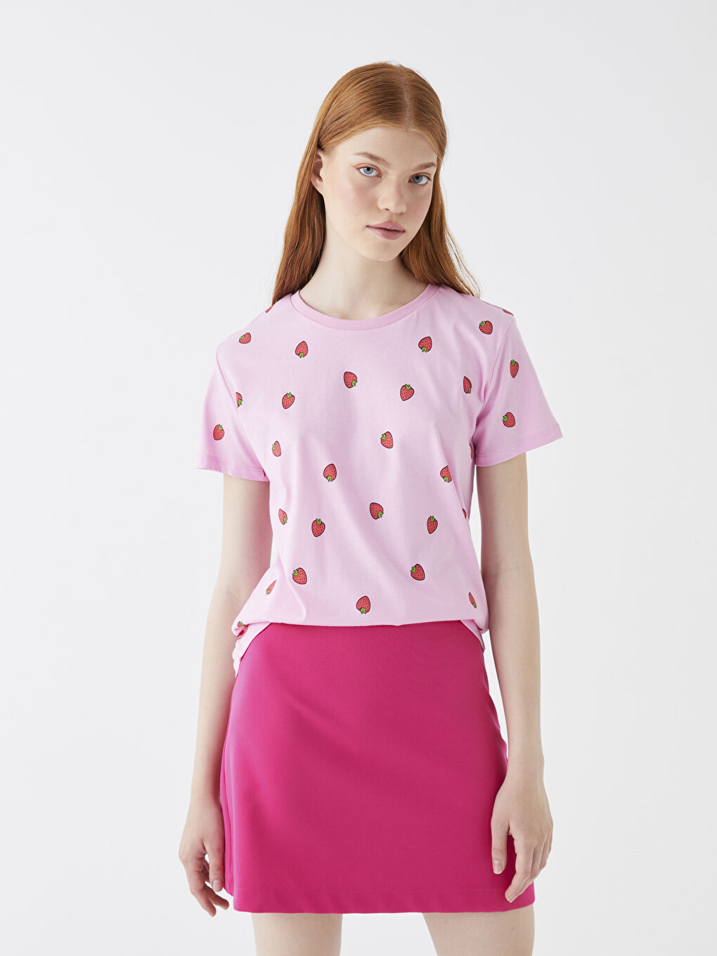 Pembe Bisiklet Yaka Baskılı Kısa Kollu Kadın Tişört