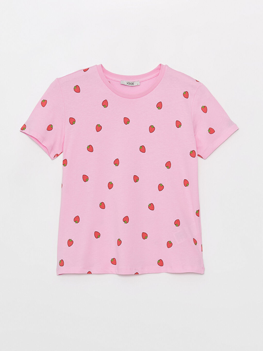 Pembe Bisiklet Yaka Baskılı Kısa Kollu Kadın Tişört-5