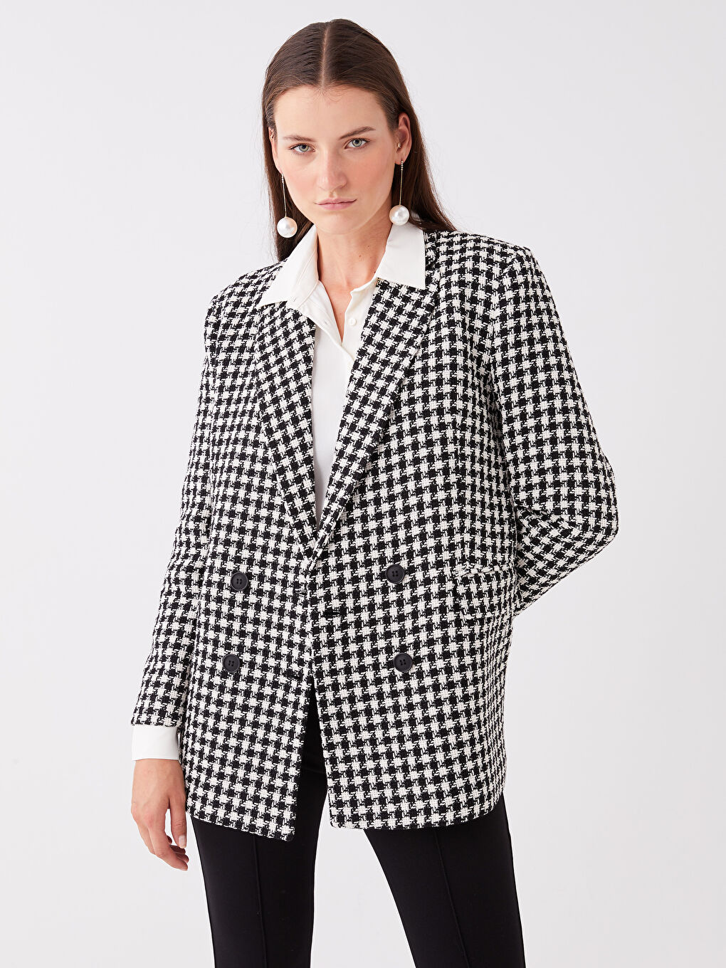 Siyah Desenli Uzun Kollu Kadın Blazer Ceket-1