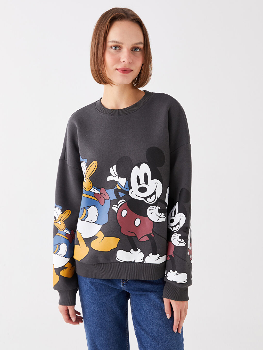 LCW Vision Antrasit Bisiklet Yaka Mickey ve Arkadaşları Baskılı Uzun Kollu Oversize Kadın Sweatshirt Tunik - 1