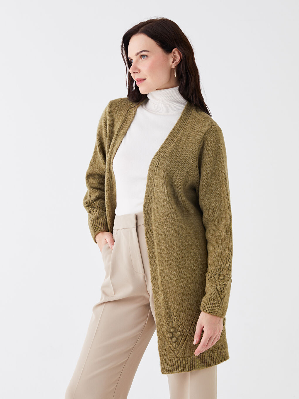 Shawl Collar Self Patterned Long Sleeve Women's Knitwear Cardigan