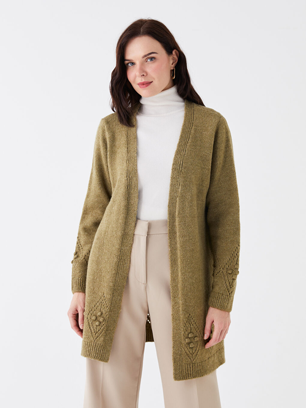 Shawl Collar Self Patterned Long Sleeve Women's Knitwear Cardigan-1