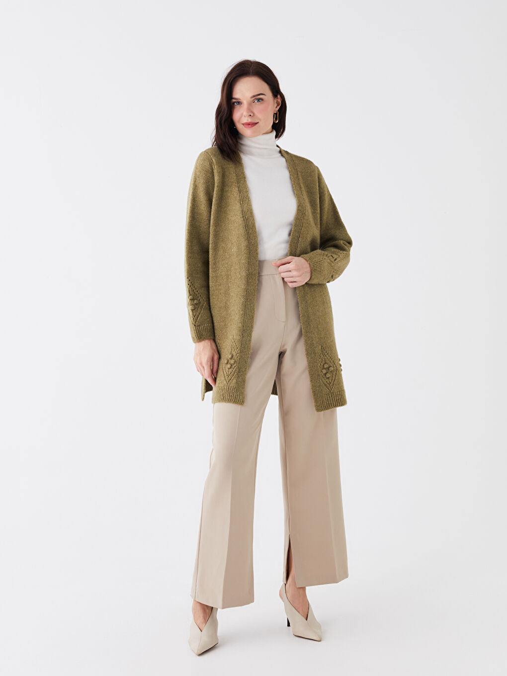 Shawl Collar Self Patterned Long Sleeve Women's Knitwear Cardigan-2