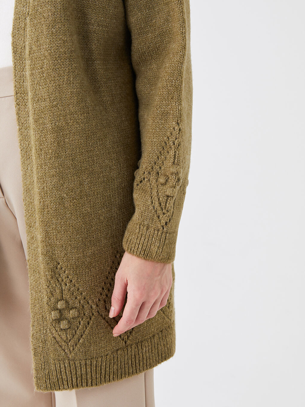 Shawl Collar Self Patterned Long Sleeve Women's Knitwear Cardigan-3